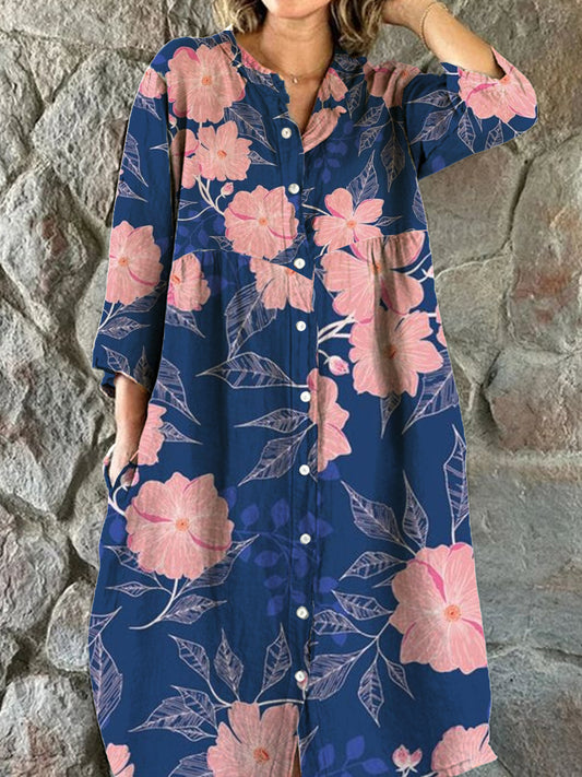 Dames mode elegante artistieke bloemenprint V-hals drie kwart mouw knoop midi-jurk