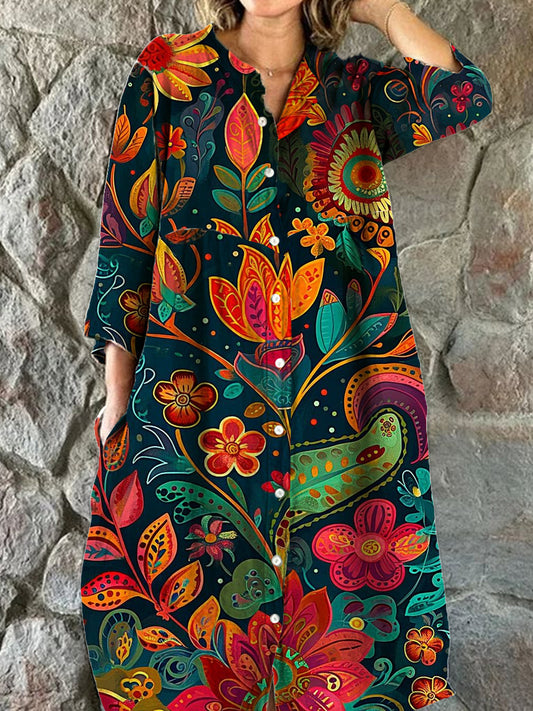 Dames mode elegante artistieke bloemenprint V-hals drie kwart mouw knoop midi-jurk