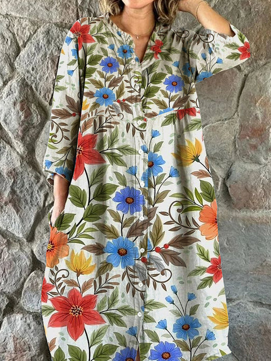 Dames mode elegante artistieke bloemenprint V-hals drie kwart mouw knoop midi-jurk