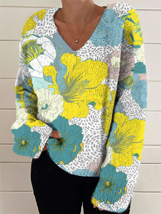 Damesmode elegante artistieke bloemenprint lange mouw met V-hals