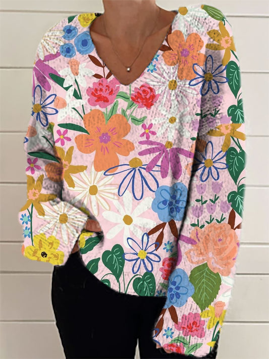 Damesmode elegante artistieke bloemenprint lange mouw met V-hals