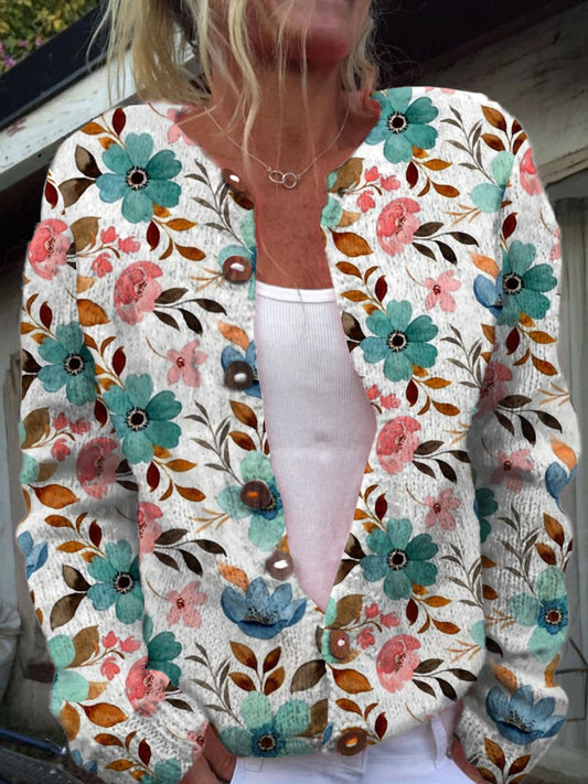 Damesmode elegante artistieke bloemenprint lange mouw met knopen vest trui