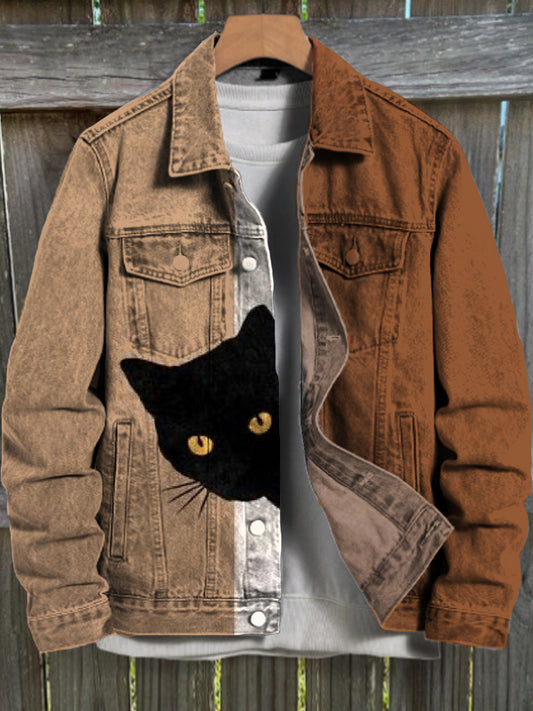 Heren vintage kattenkunstprint casual jack met lange mouwen