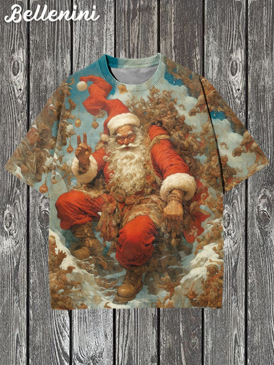 Unisex Vintage Santa Claus Art Illustratie Gedrukt Casual Katoenen T-shirt