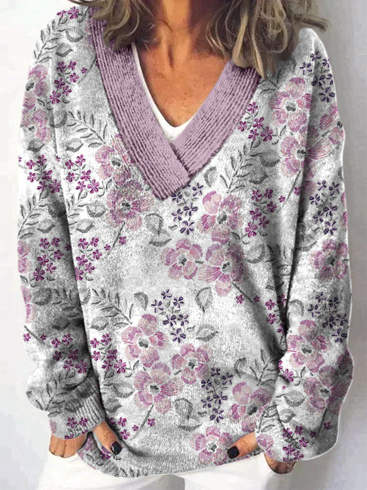 Elegante Retro bloemenprint V-hals casual comfortabele lange mouwen los sweatshirt