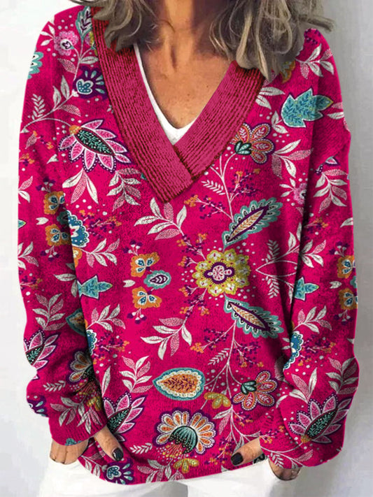 Elegante Retro bloemenprint V-hals casual comfortabele lange mouwen los sweatshirt