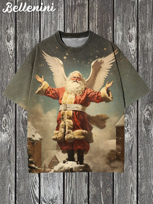 Unisex Vintage Santa Claus Art Illustratie Gedrukt Casual Katoenen T-shirt