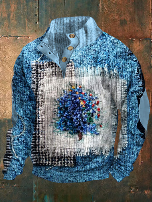 Retro Art Bloemenprint Ontwerp Stand Kraag V-hals Sweater Sweatshirt met lange mouwen