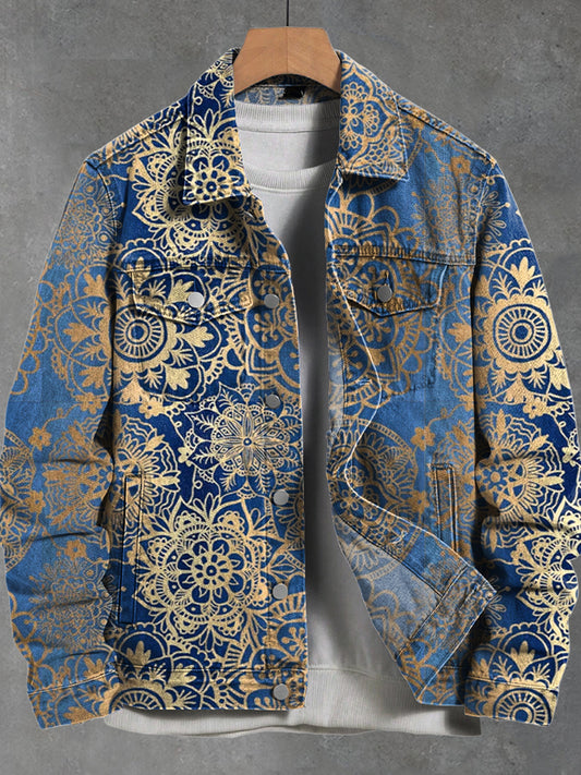 Blauwe gradiënt Vintage Mandala Patroon Art Print Dikke lange mouw casual jas