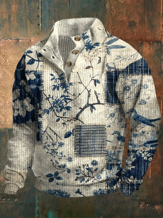 Retro Art Bloemenprint Ontwerp Stand Kraag V-hals Sweater Sweatshirt met lange mouwen