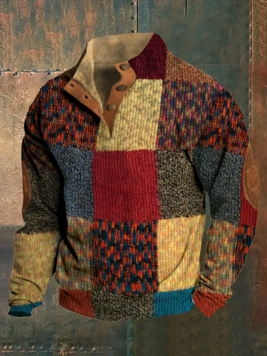 Retro-textuur kunst bedrukt western vintage kraag knoop buitensweatshirt