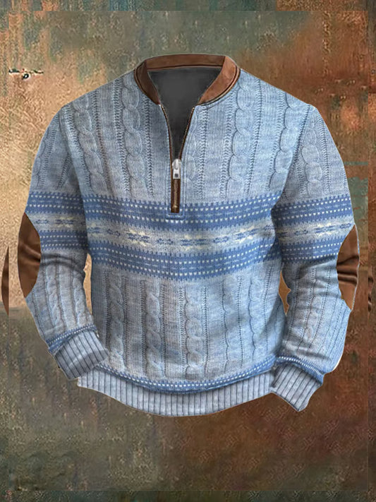 Retro bospatroon bedrukt western vintage rits met V-hals buiten dik sweatshirt