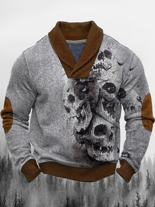 Retro troebele gotische kunst bedrukt western vintage Henry V-hals dik buitensweatshirt