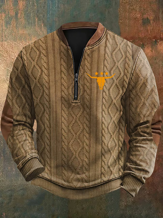 Retro bospatroon bedrukt western vintage rits met V-hals buiten dik sweatshirt