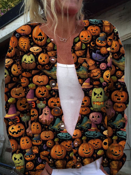 Dames Mode Elegante Halloween Art Print Lange mouw V-hals knoop Cardigan Sweater